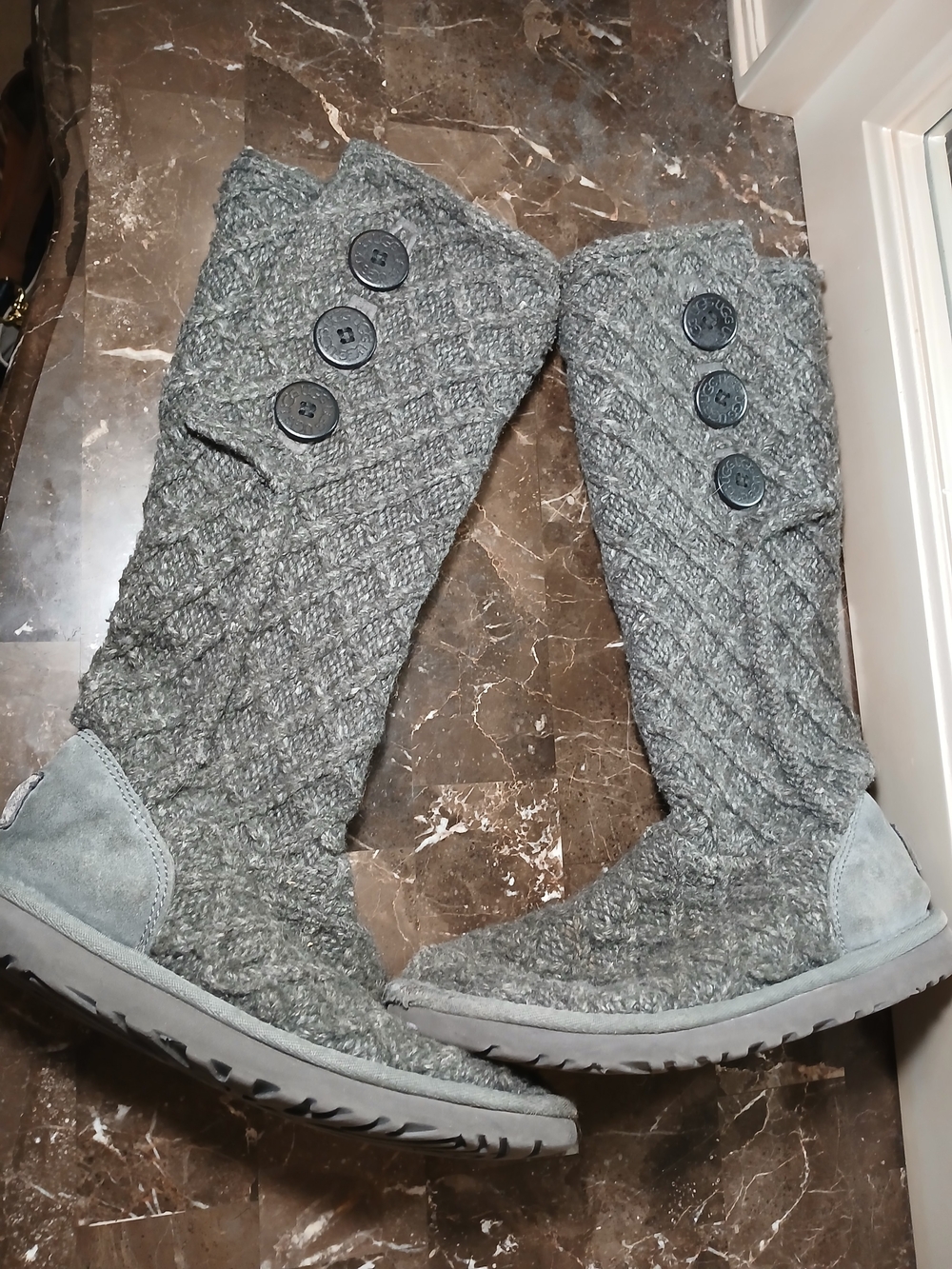 UGG Gray Knit Button-Detail Knee Boots